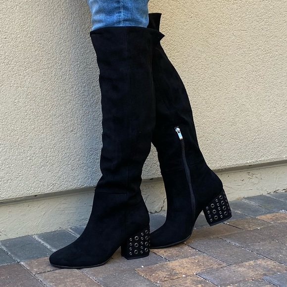 Black Studded Edgy Chunky Kitten Heel OTK Boots - Picture 8 of 8